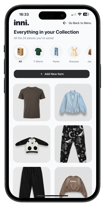 Inni app preview showing clothing collection interface